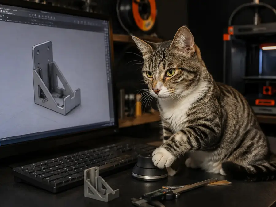Fideo, el gato supervisor, junto a una pantalla con el diseño de una pieza y piezas impresas en 3D