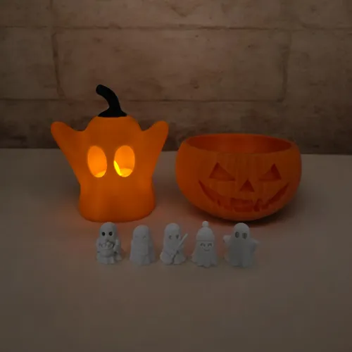 Set Halloween Calabaza Caramelera Y Fantasmas Deco Impr 3d