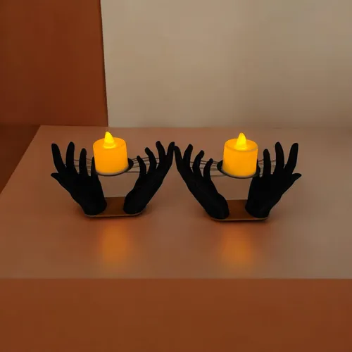 Set X2 Portavelas Manos Negras Con Vela Led Halloween